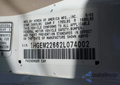 2002 Honda Civic Lx z USA, uszkodzony, nr VIN 1HGEM22662L074002